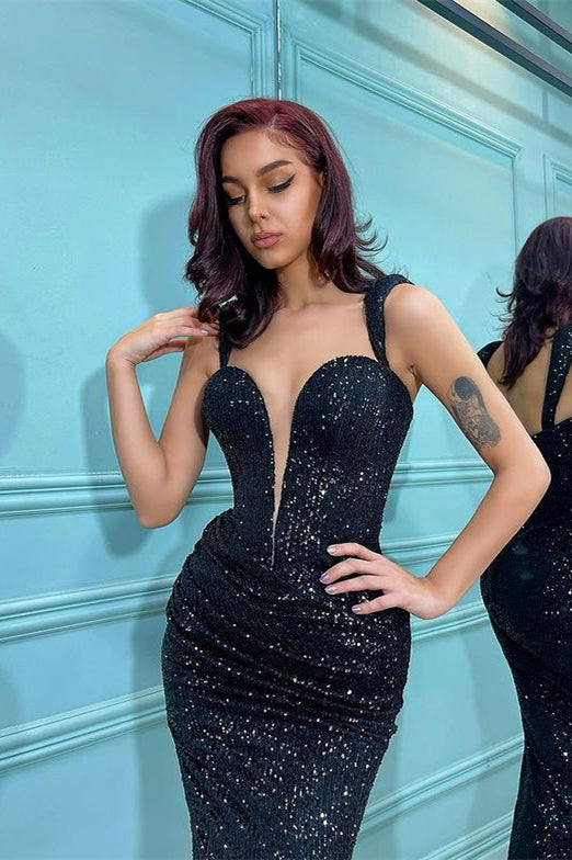 Modern Black Sequins Straps Prom Dress Mermaid Sheath-BallBride