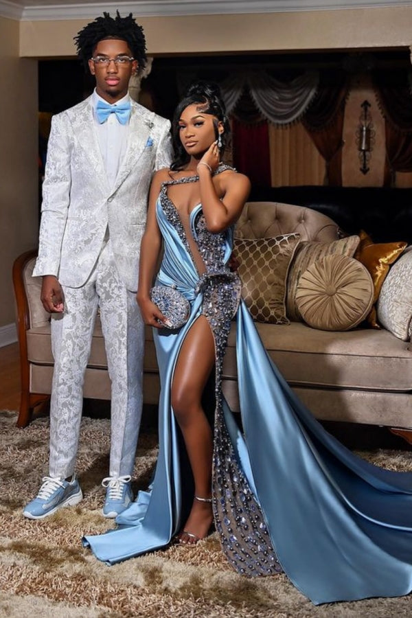 Modern Blue Ruffles One Shoulder Crystal Side Slit Prom Dresses-BallBride
