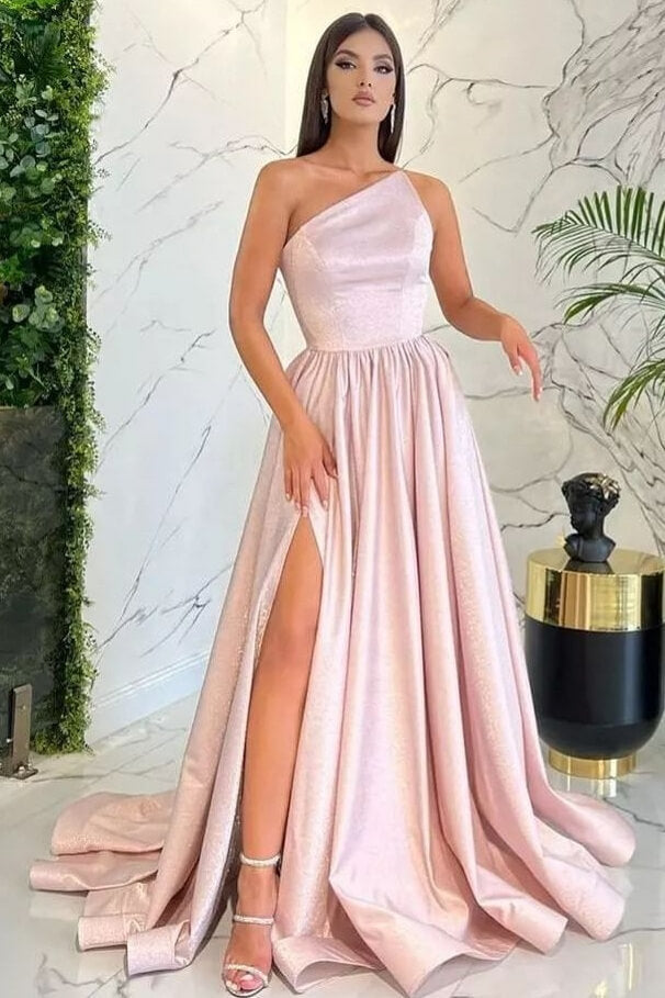 Modern Blushing Pink Strapless A-Line Long Evening Dress With Slit-BallBride