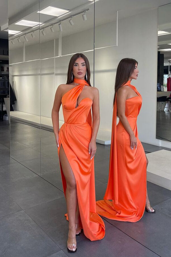Modern Bright Orange Evening Dress with Long Side Slit-BallBride