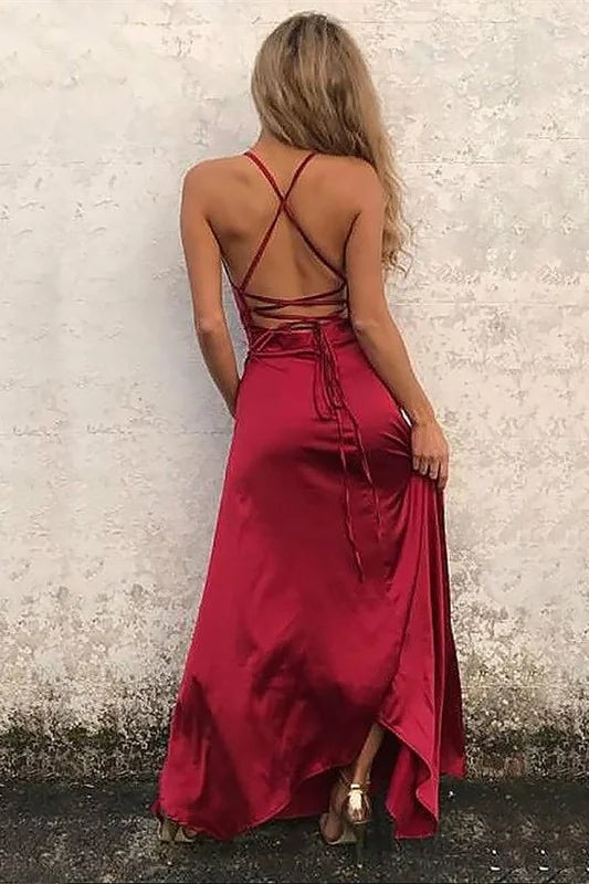 Modern Burgundy Halter Evening Dress With Slit Long-BallBride