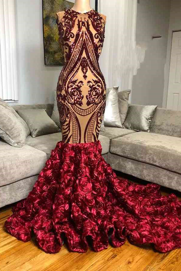 Modern Burgundy Sleeveless Prom Dress with Sequins and Flower Bottom-BallBride