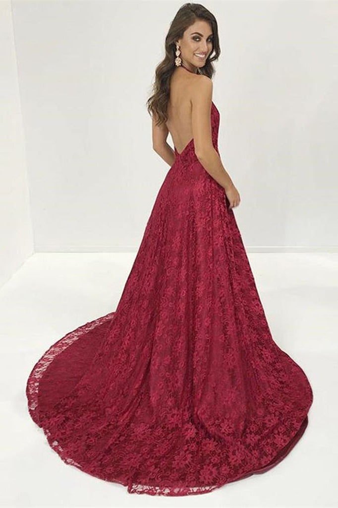 Modern Burgundy V-Neck Lace Prom Dress with Backless Design-BallBride