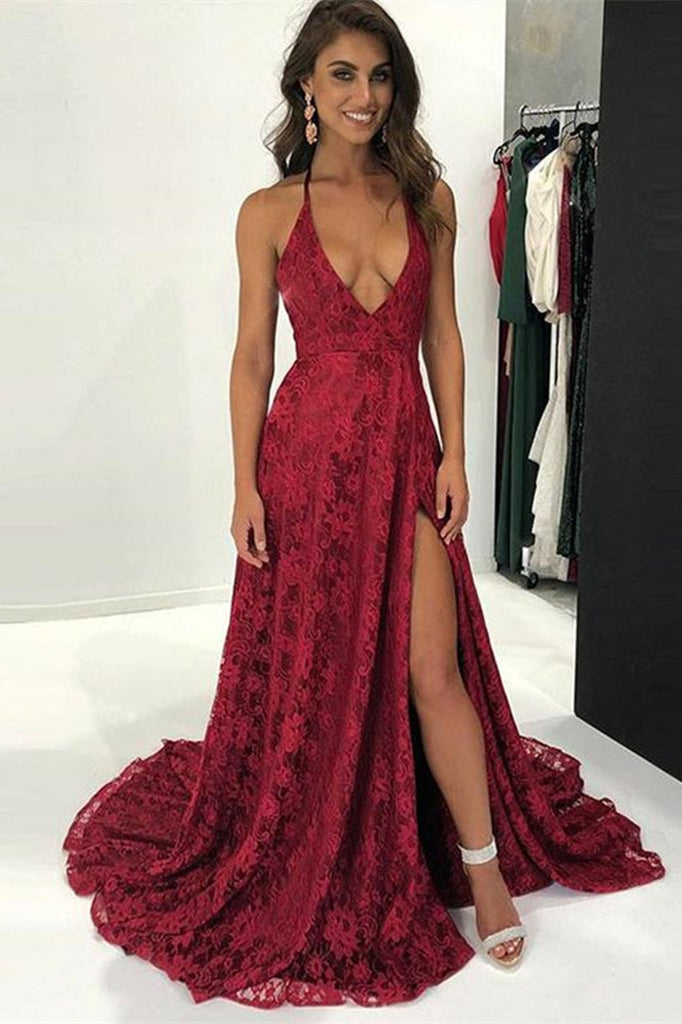 Modern Burgundy V-Neck Lace Prom Dress with Backless Design-BallBride