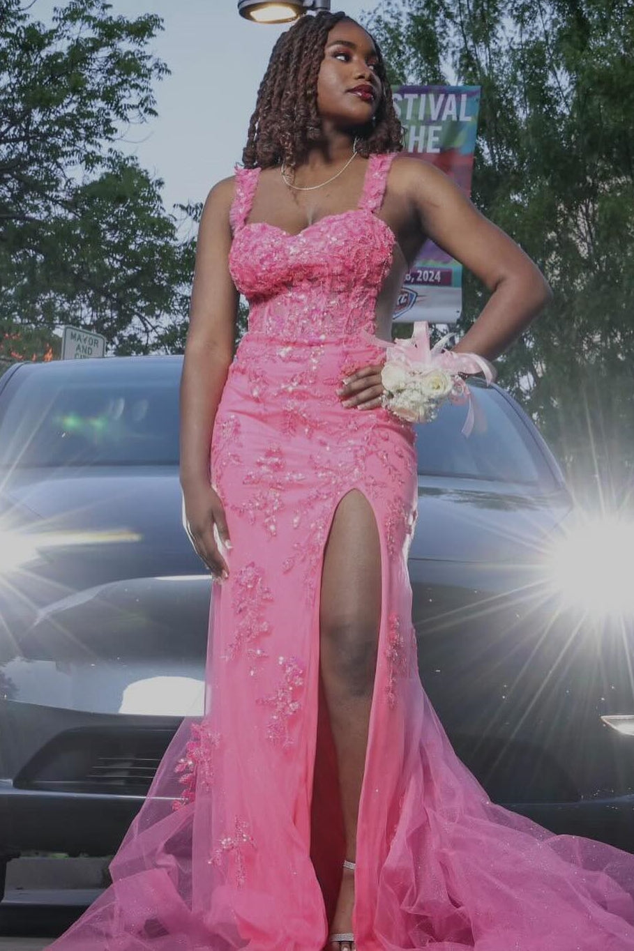 Modern Candy Pink Straps Tulle Appliques Side Slit Prom Dress-BallBride