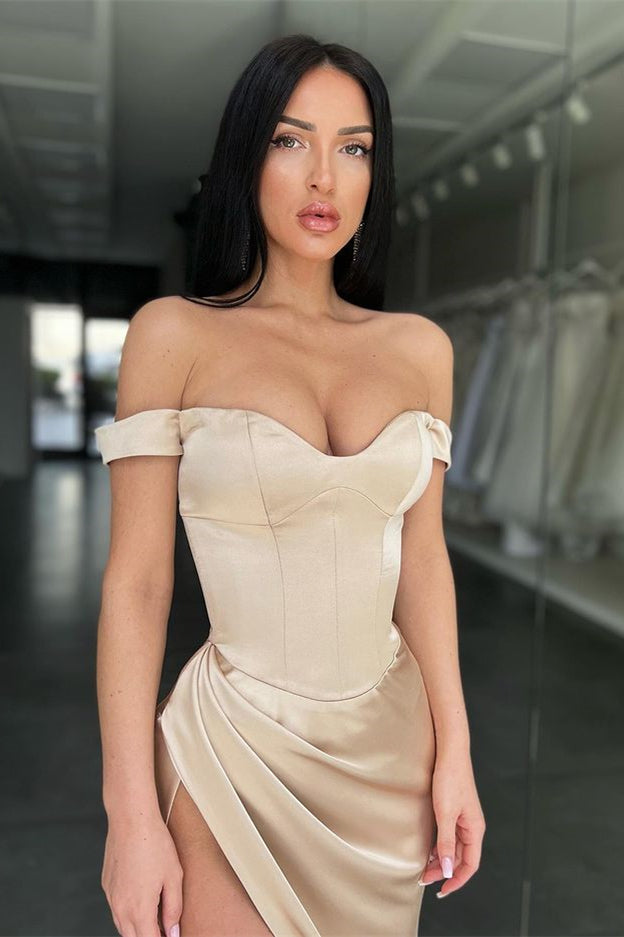 Modern Champagne Mermaid Prom Dress With Slit - Off-the-Shoulder-BallBride