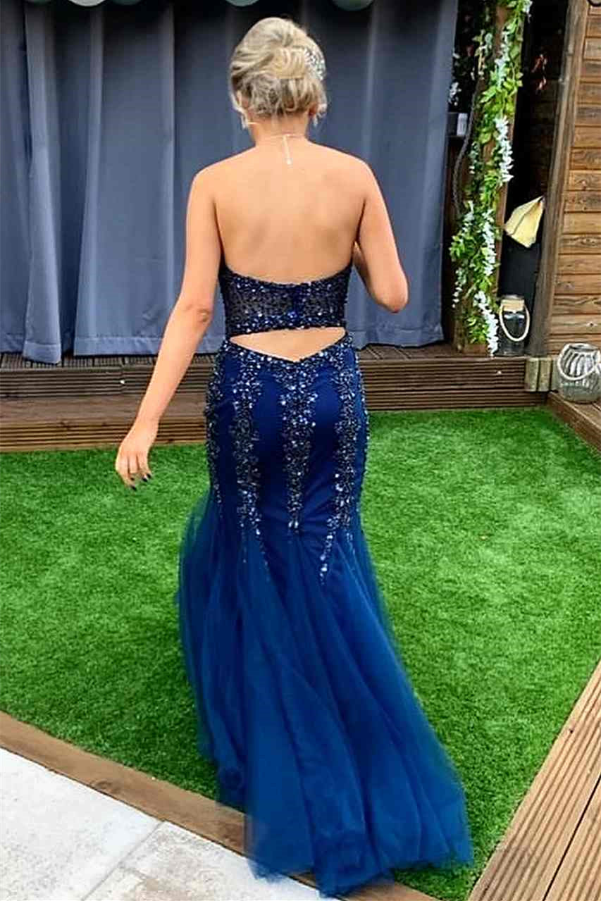 Modern Dark Blue Sweetheart Mermaid Prom Dress with Sequins Beadings and Backless Design-BallBride