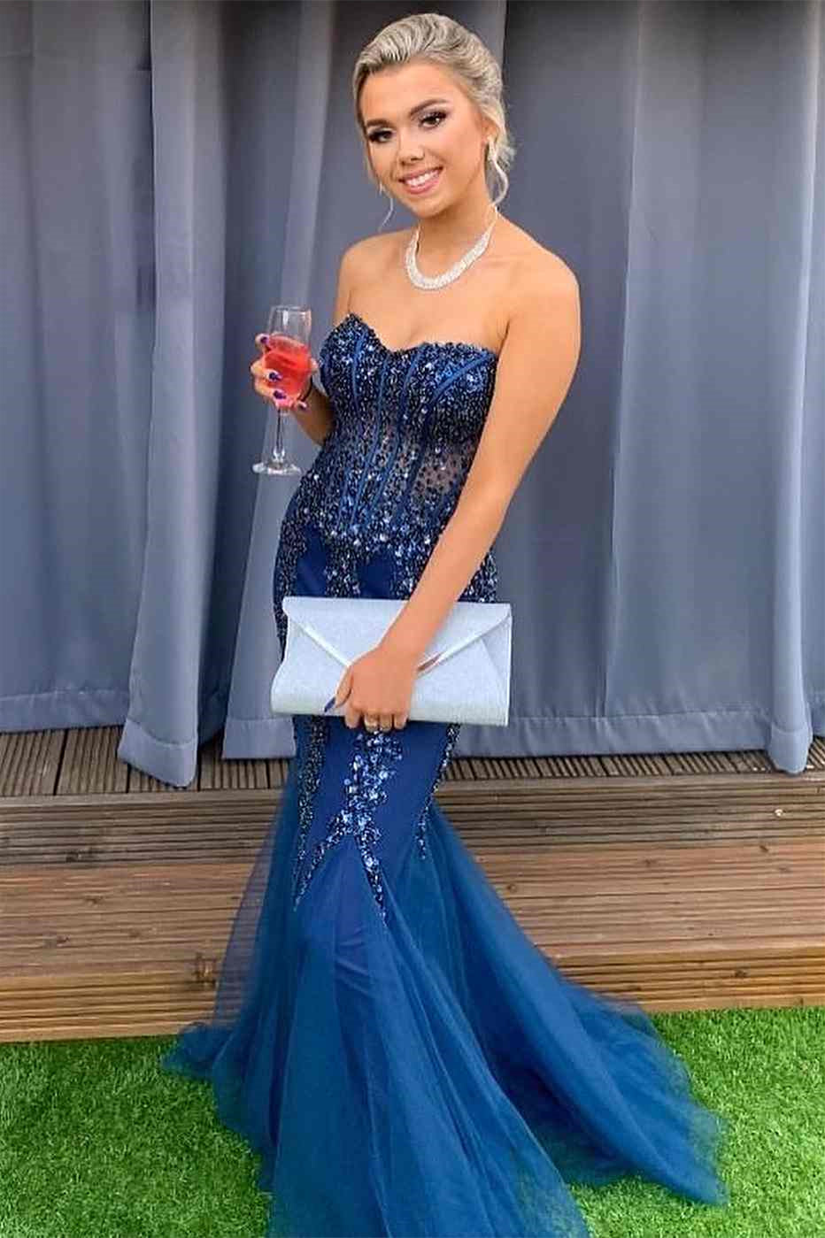 Modern Dark Blue Sweetheart Mermaid Prom Dress with Sequins Beadings and Backless Design-BallBride