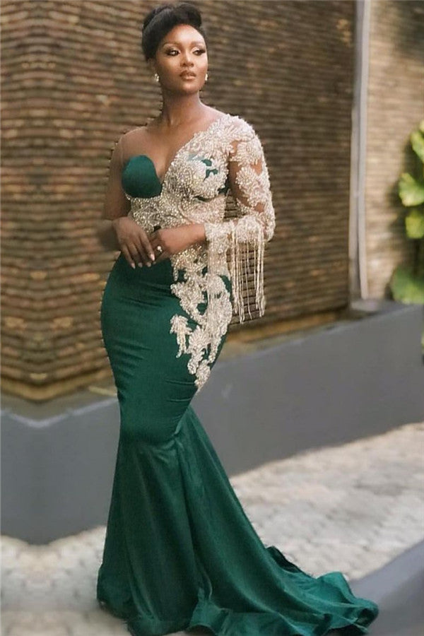 Modern Dark Green Scoop Mermaid Appliques Prom Dress with Beadings-BallBride