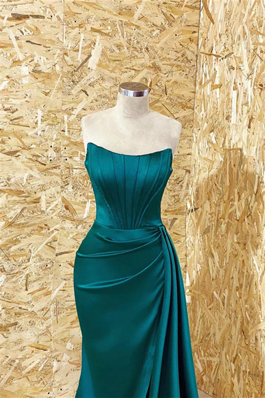 Modern Dark Green Strapless Mermaid Prom Dress with Ruffles-BallBride
