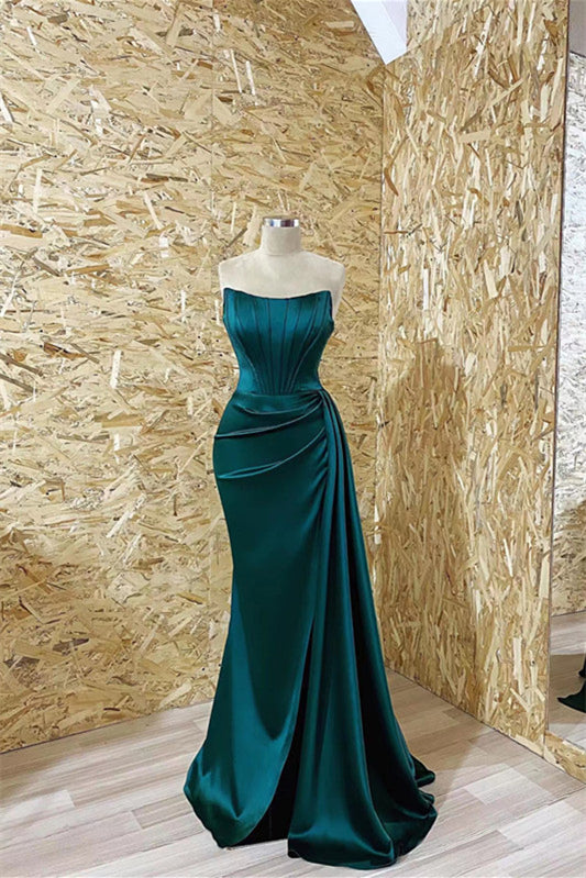 Modern Dark Green Strapless Mermaid Prom Dress with Ruffles-BallBride