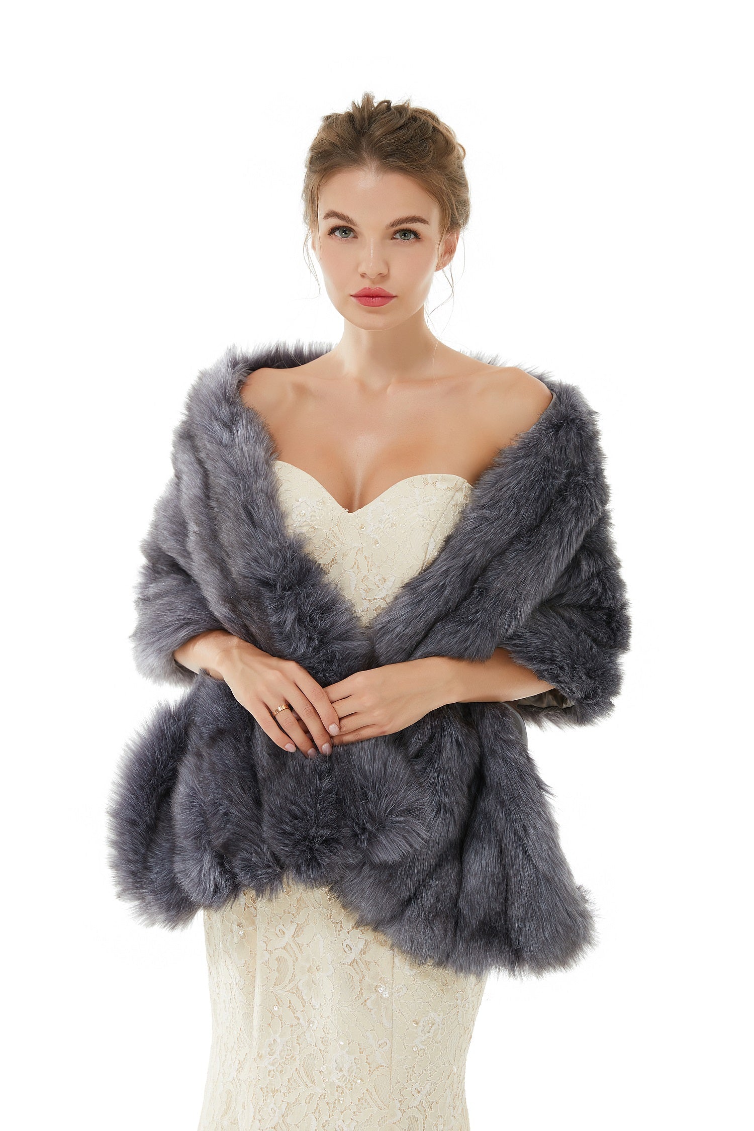 Modern Dark Grey Faux Fur Wrap Winter Shawl for Brides-BallBride