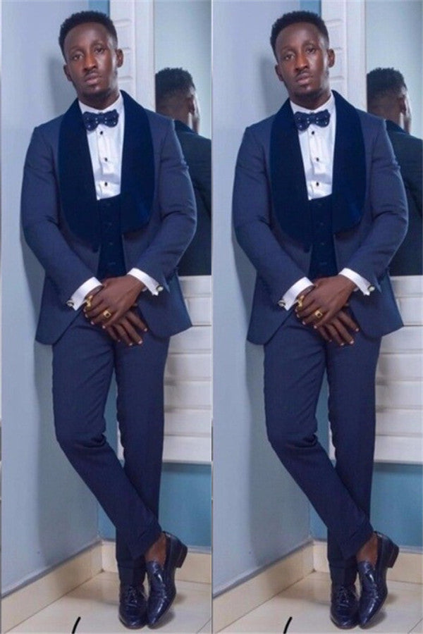 Modern Dark Navy Shawl Lapel Easy Fit Wedding Suit-BallBride