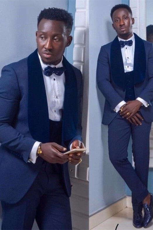 Modern Dark Navy Shawl Lapel Easy Fit Wedding Suit-BallBride