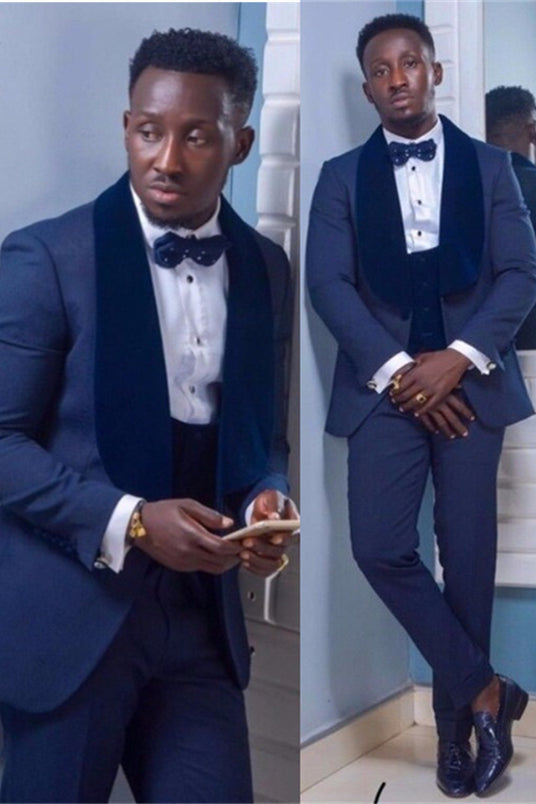 Modern Dark Navy Shawl Lapel Easy Fit Wedding Suit-BallBride