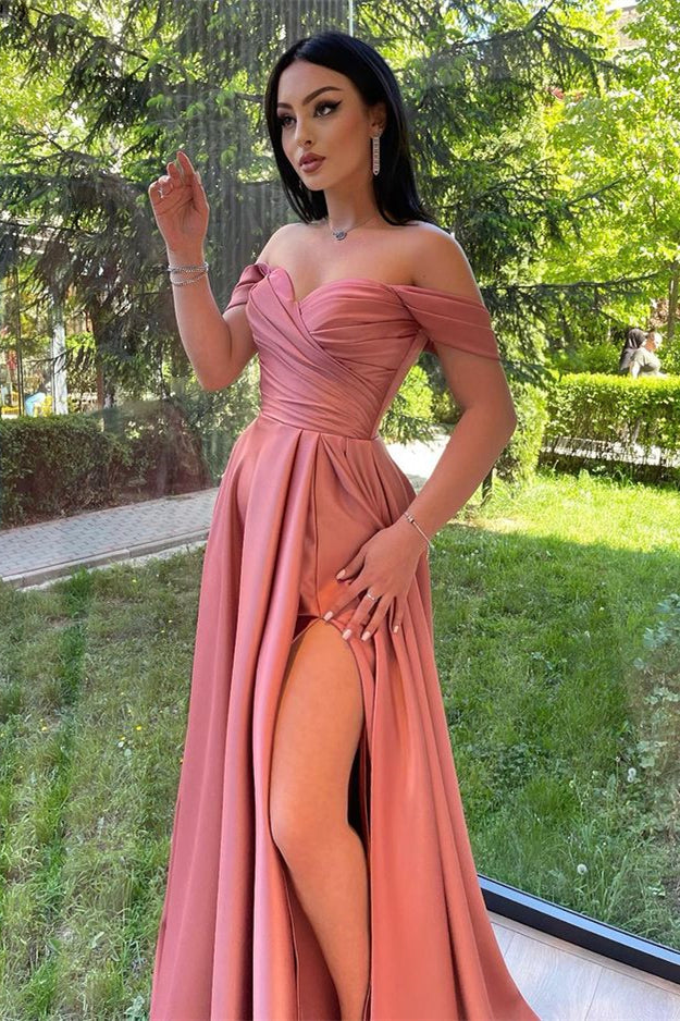 Modern Dusty Rose Off-the-Shoulder Prom Dress with Long Slit-BallBride