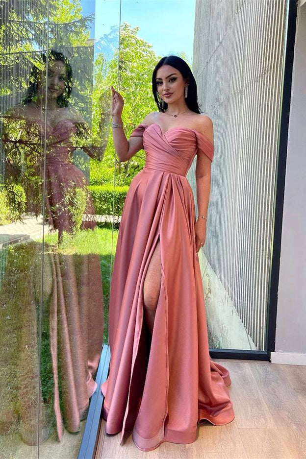 Modern Dusty Rose Off-the-Shoulder Prom Dress with Long Slit-BallBride