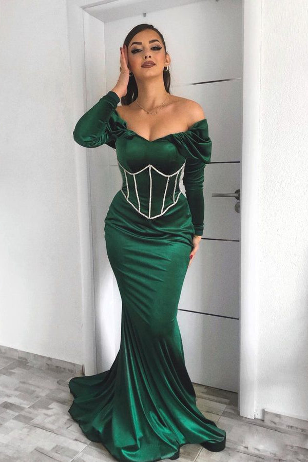 Modern Emerald Green Long Sleeves Evening Gowns with Lace-up Off-the-Shoulder-BallBride