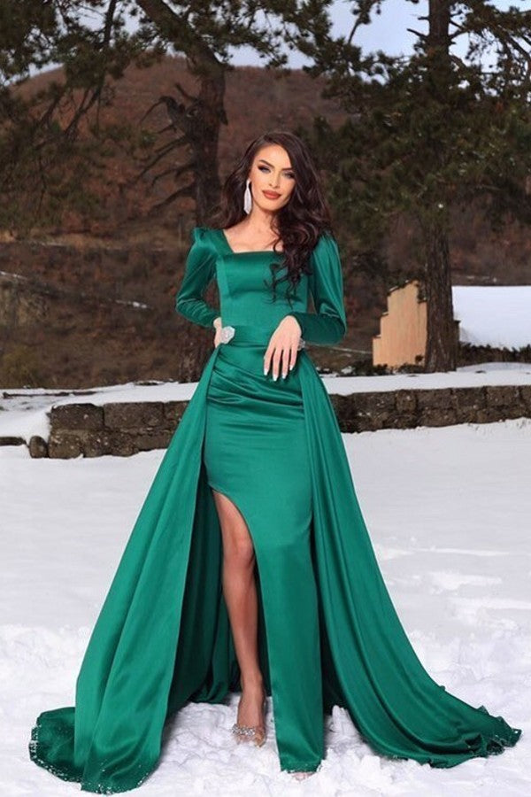 Modern Emerald Green Long Sleeves Prom Dress with Mermaid Split Long-BallBride