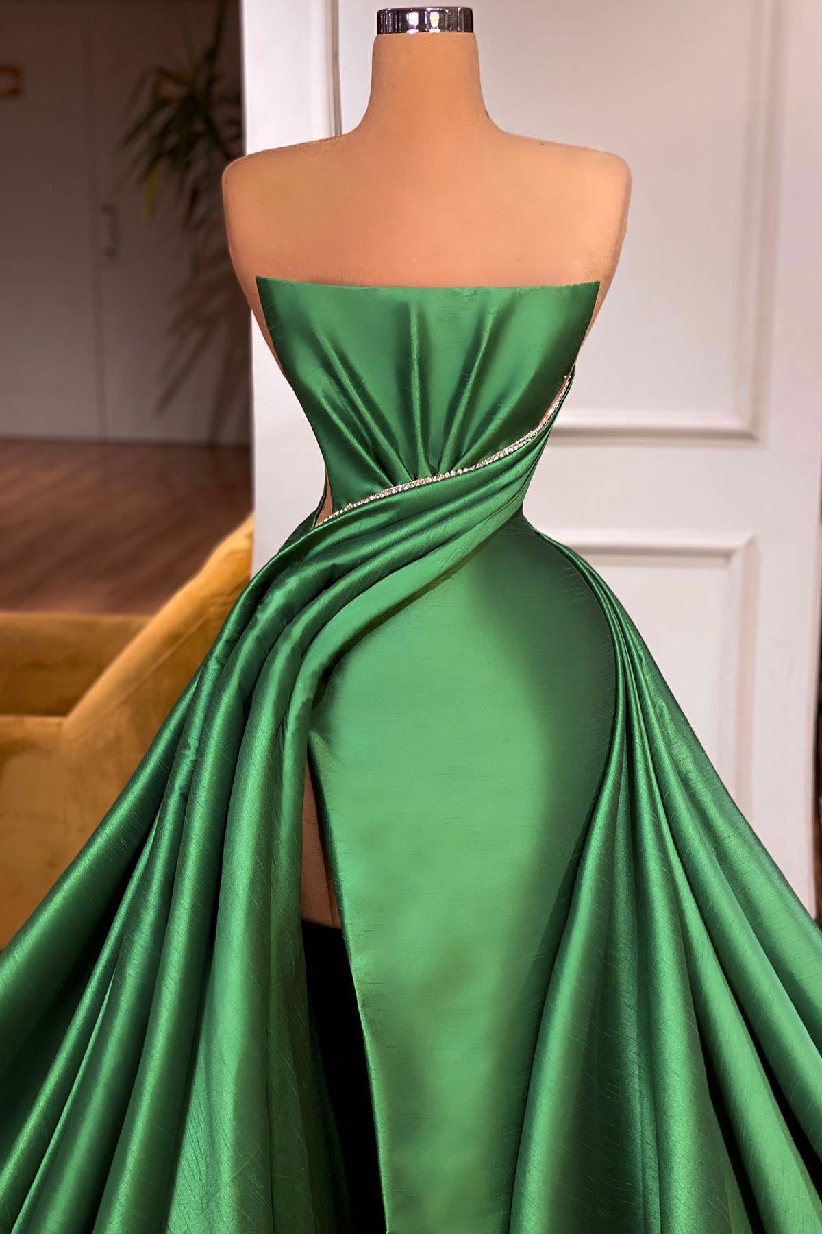 Modern Emerald Green Strapless Sleeveless Prom Dress with Beadings and Split-BallBride