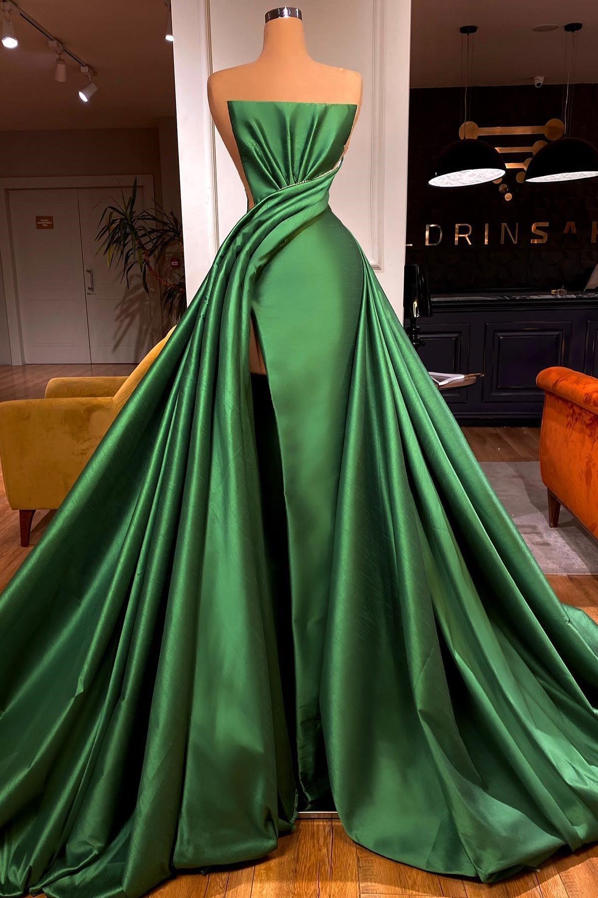 Modern Emerald Green Strapless Sleeveless Prom Dress with Beadings and Split-BallBride