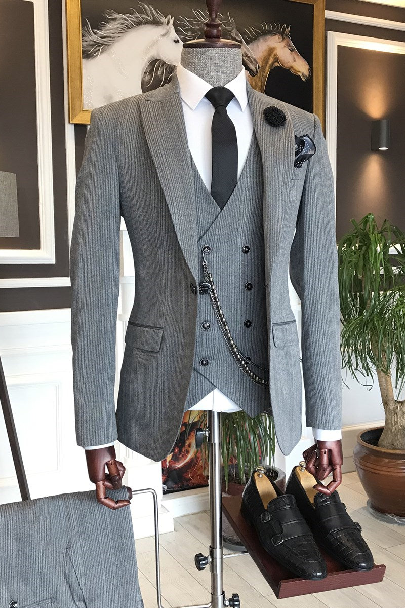 Modern Gery 3-Piece Business Suits with One Button Peaked Lapel for Men-BallBride