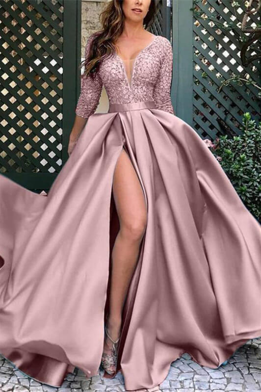 Modern Half Sleeves Satin Long Evening Dress with Slit and Lace-BallBride