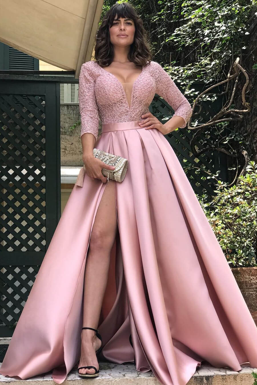 Modern Half Sleeves Satin Long Evening Dress with Slit and Lace-BallBride