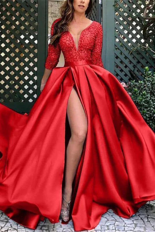 Modern Half Sleeves Slit Evening Dress Satin Long With Lace-BallBride
