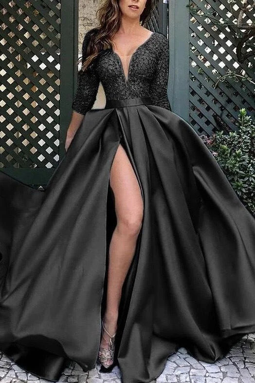 Modern Half Sleeves Slit Evening Dress Satin Long With Lace-BallBride