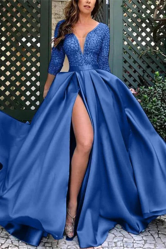 Modern Half Sleeves Slit Evening Dress Satin Long With Lace-BallBride