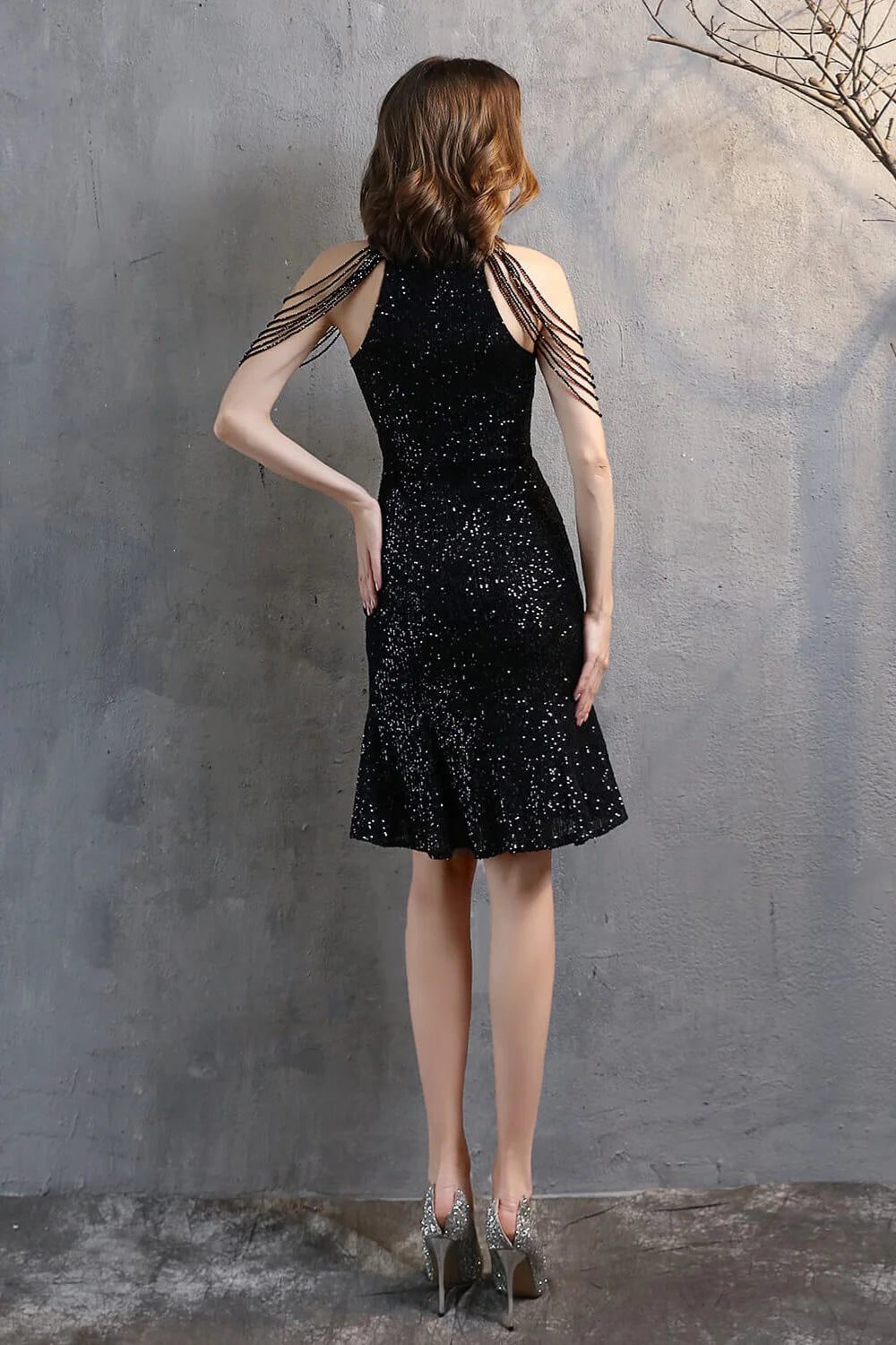 Modern Halter Mermaid Short Evening Dress Tassels Sequins Party Gowns-BallBride