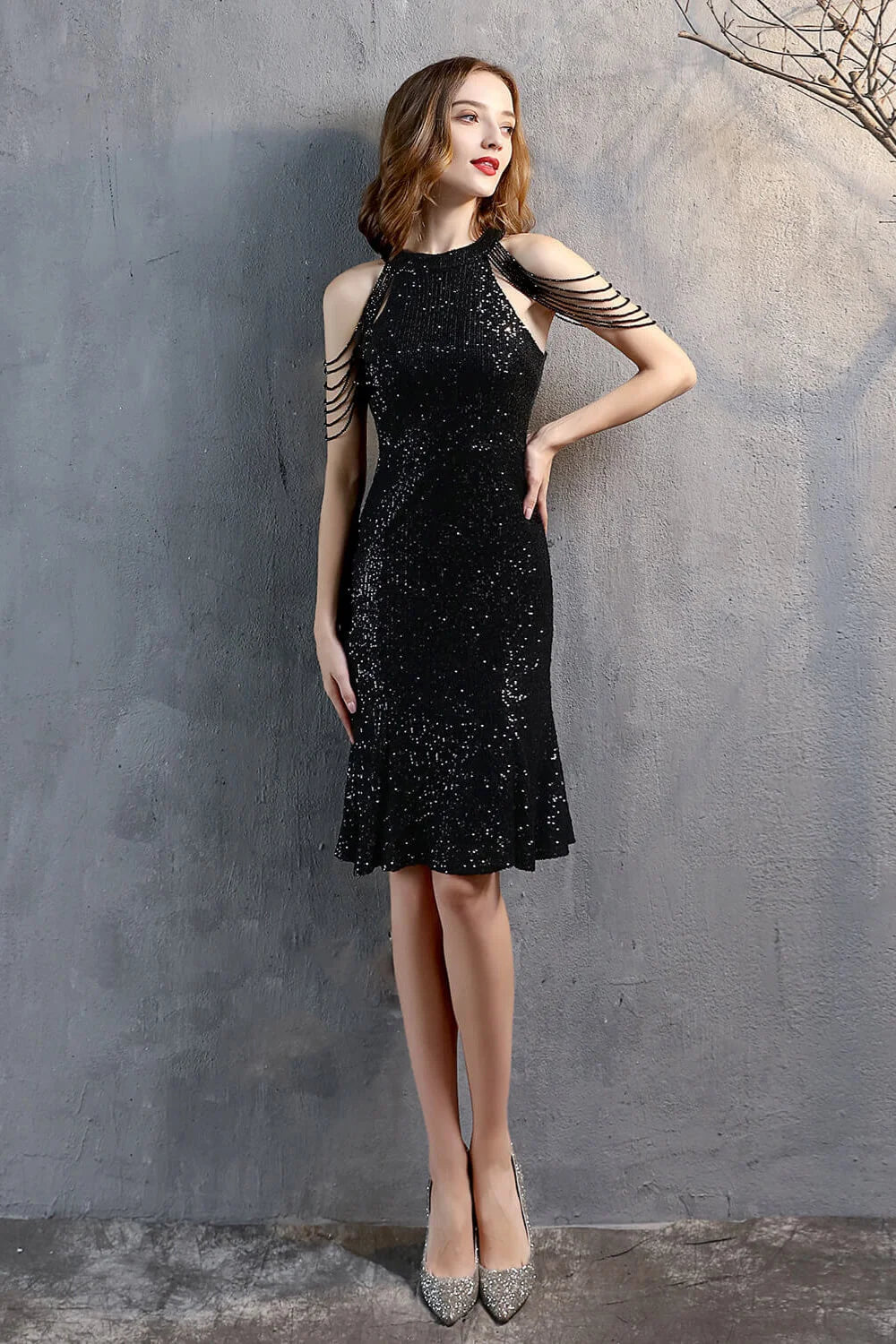 Modern Halter Mermaid Short Evening Dress Tassels Sequins Party Gowns-BallBride