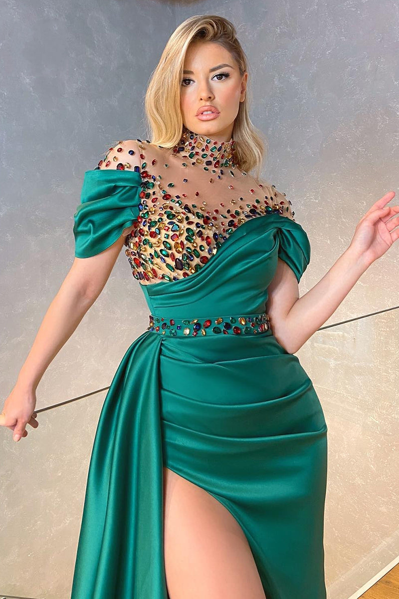 Modern High Neck Emerald Green Mermaid Prom Dress with Crystals and Off-the-Shoulder Slit-BallBride