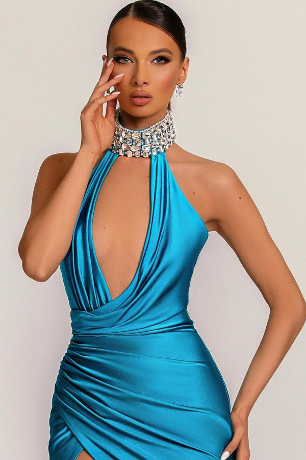Modern High Neck Prom Dresses with Sleeveless Slit and Crystal Embellishment-BallBride