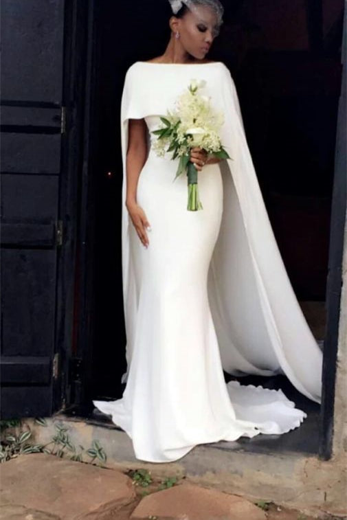Modern Ivory Mermaid Summer Wedding Dress With Cape-BallBride