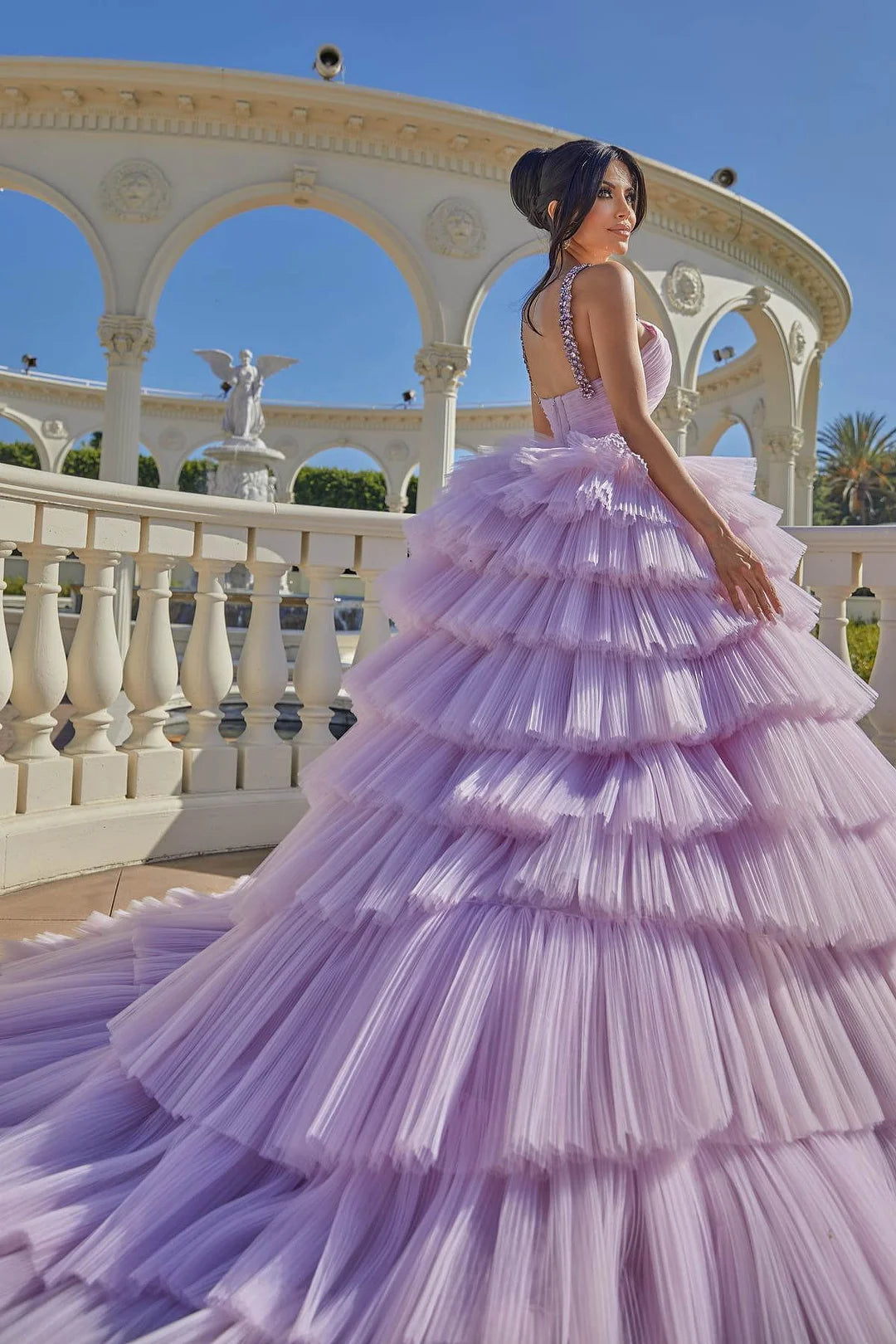 Modern Lilac Tulle Layered Evening Dress Ball Gown Sleeveless With Crystal-BallBride