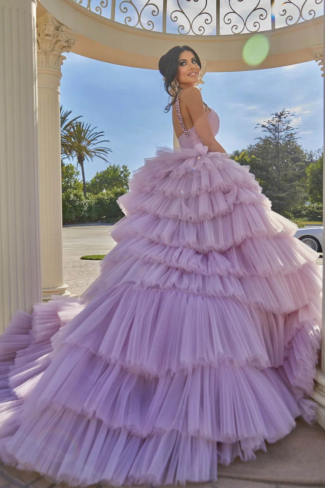 Modern Lilac Tulle Layered Evening Dress Ball Gown Sleeveless With Crystal-BallBride