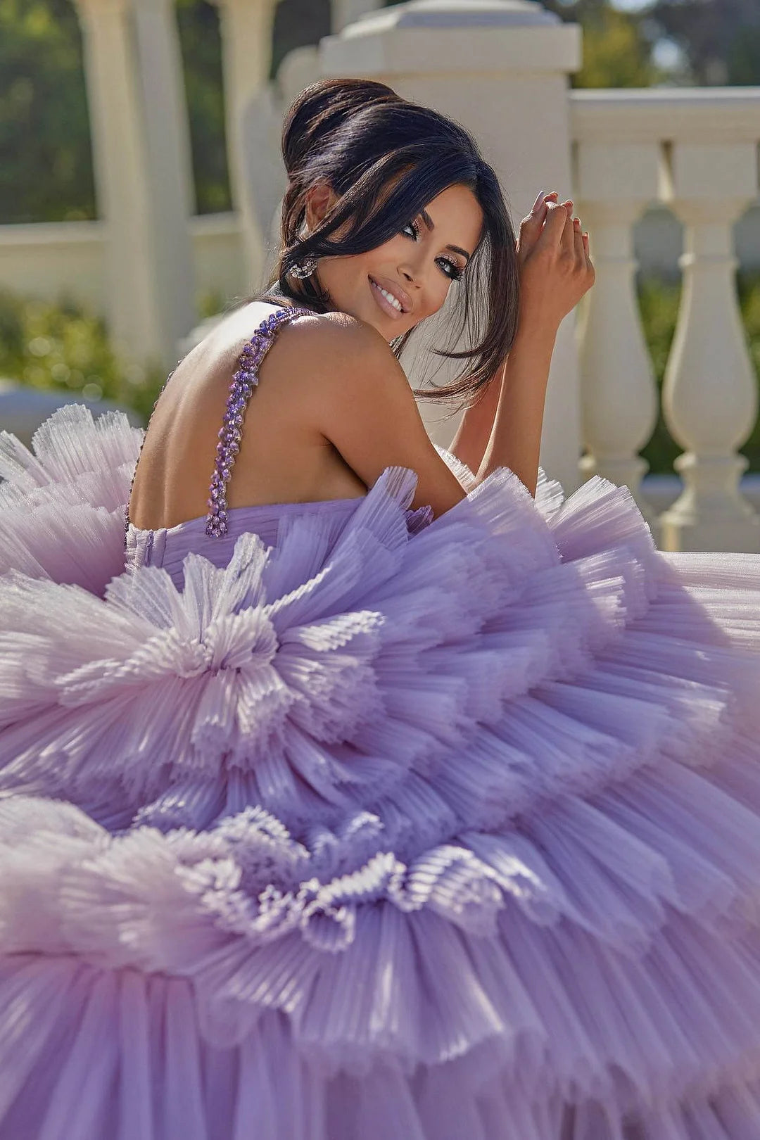 Modern Lilac Tulle Layered Evening Dress Ball Gown Sleeveless With Crystal-BallBride