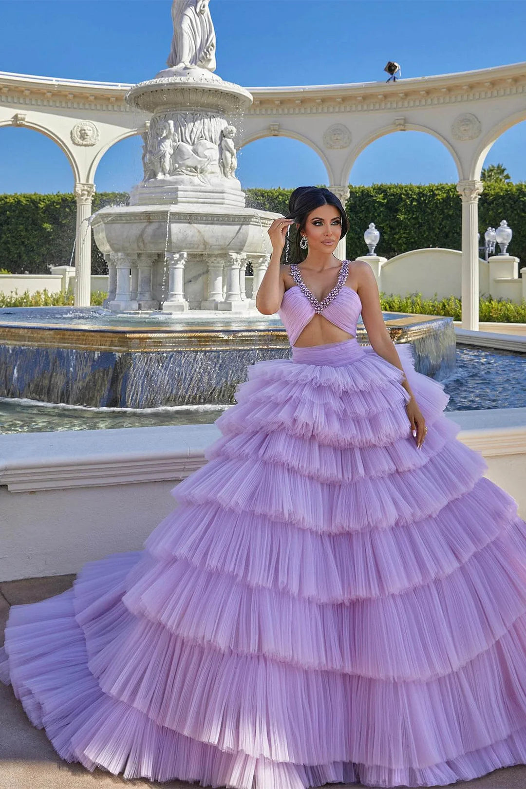 Modern Lilac Tulle Layered Evening Dress Ball Gown Sleeveless With Crystal-BallBride