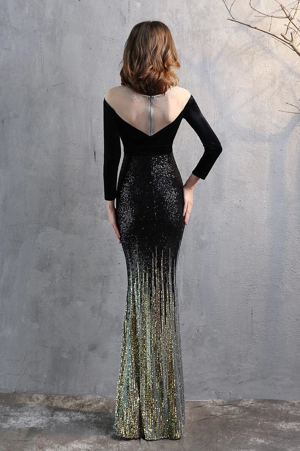 Modern Long Sleeves Illussion Neck Evening Dress Mermaid Sequins Long-BallBride
