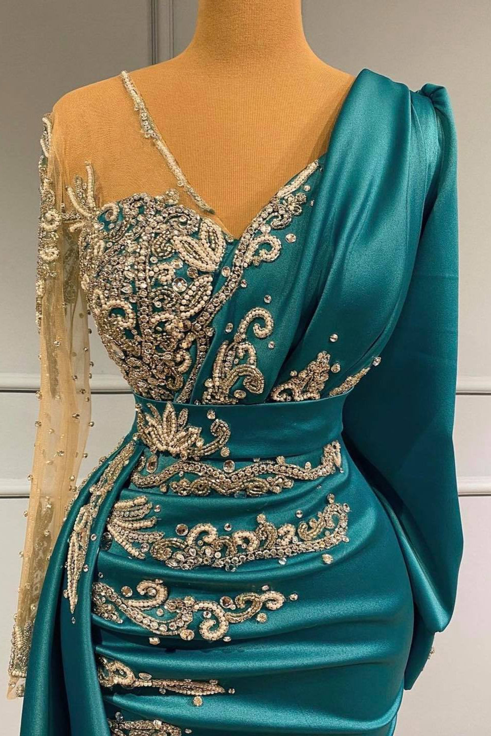 Modern Long Sleeves Mermaid Prom Dress with Beadings-BallBride