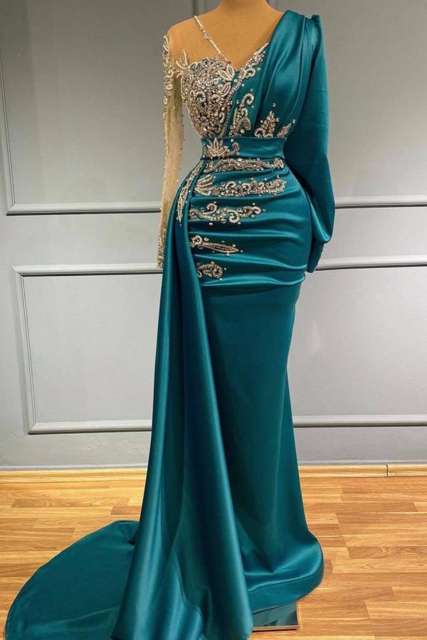 Modern Long Sleeves Mermaid Prom Dress with Beadings-BallBride