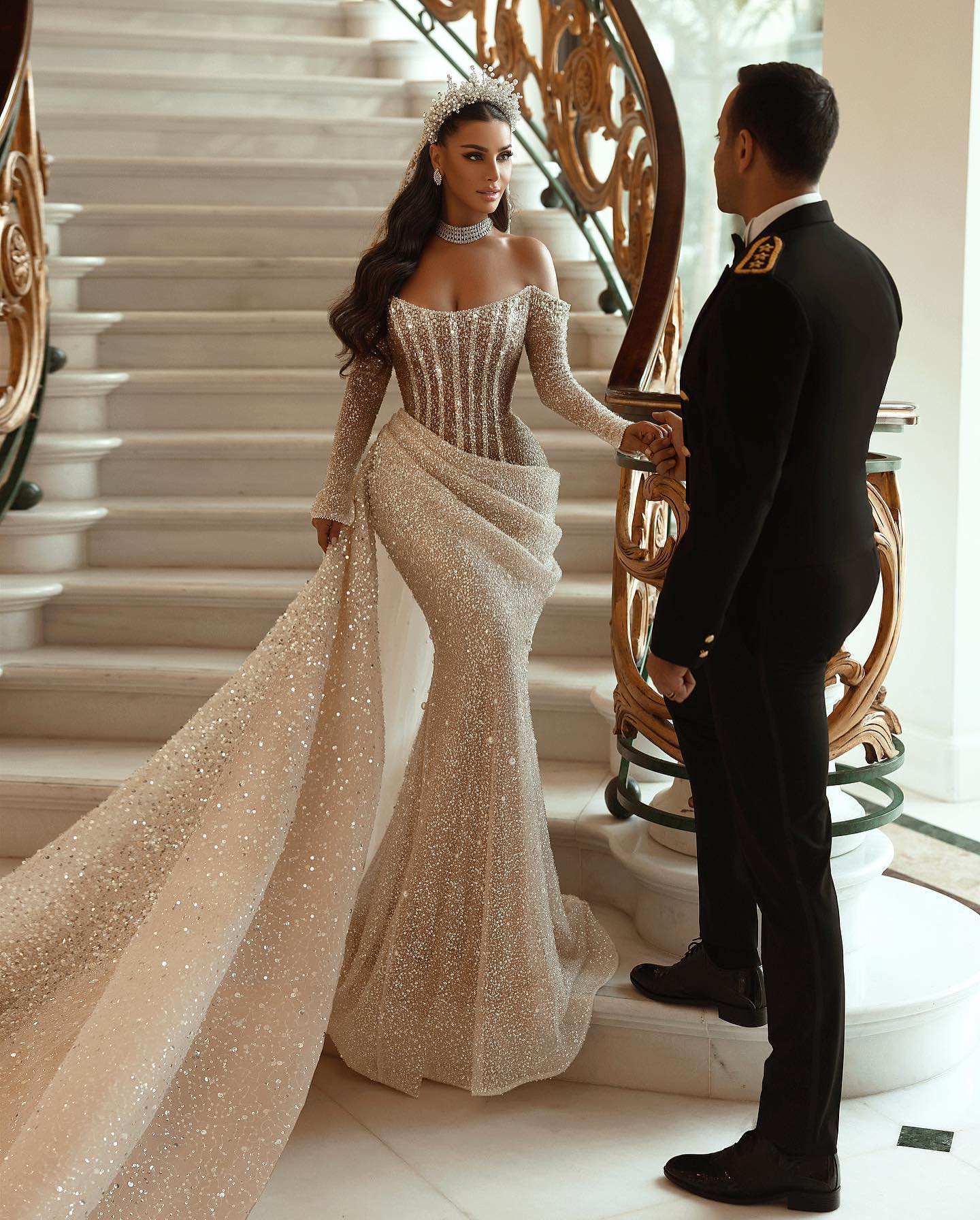 Modern Long Sleeves Mermaid Wedding Dress With Ruffles and Sequins Pleats-BallBride