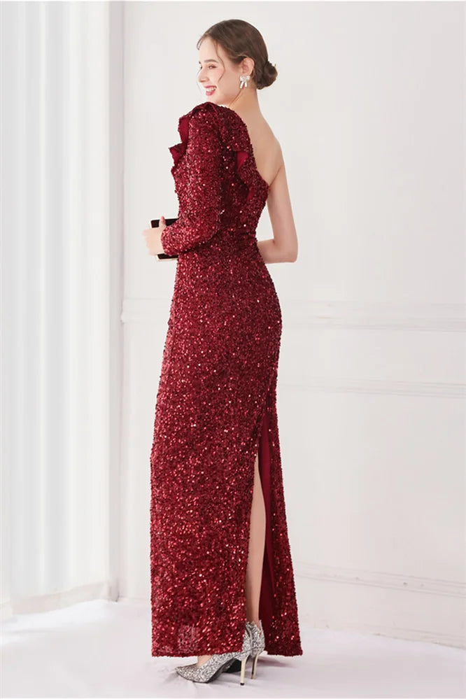Modern Long Sleeves Sequins Evening Dress One Shoulder Mermaid With Split-BallBride