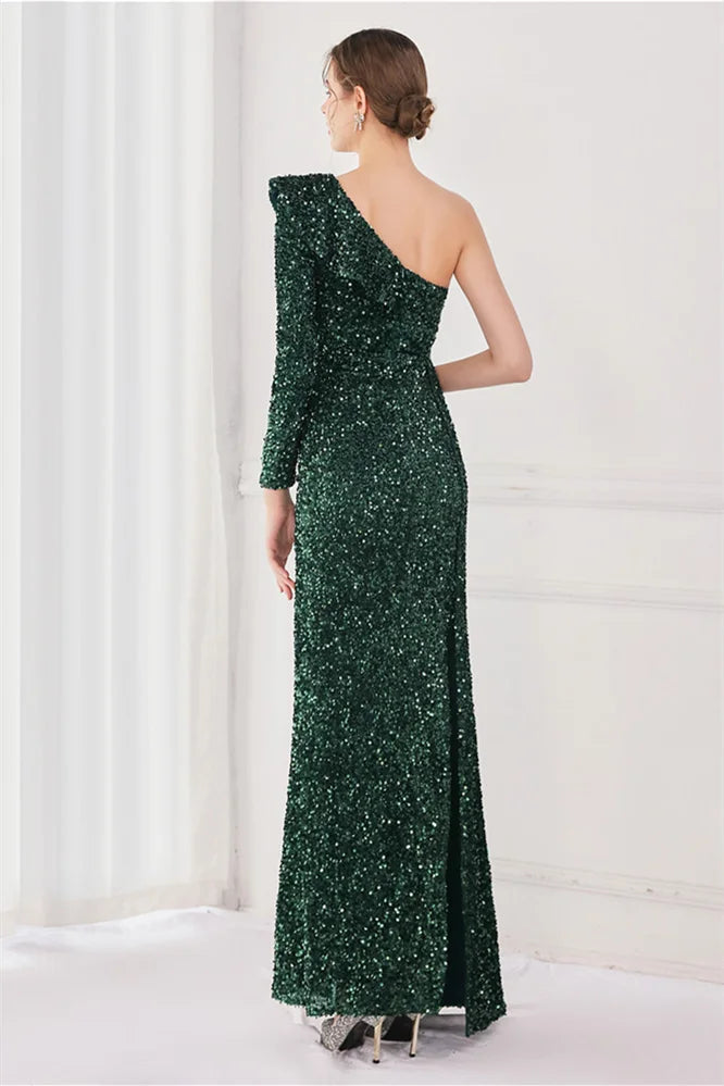 Modern Long Sleeves Sequins Evening Dress One Shoulder Mermaid With Split-BallBride