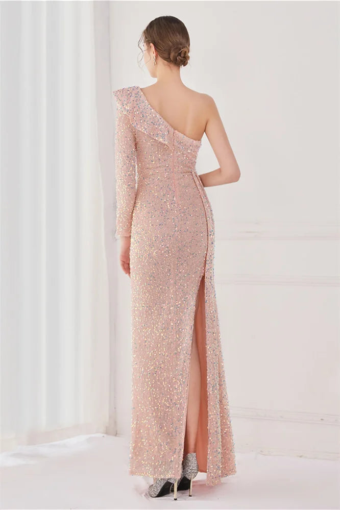 Modern Long Sleeves Sequins Evening Dress One Shoulder Mermaid With Split-BallBride