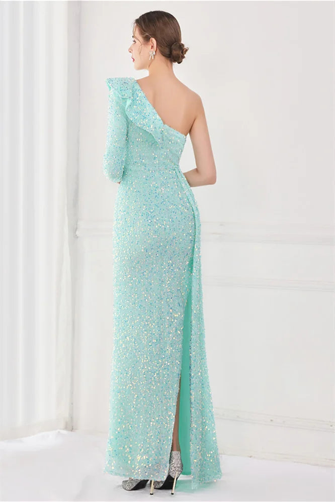Modern Long Sleeves Sequins Evening Dress One Shoulder Mermaid With Split-BallBride