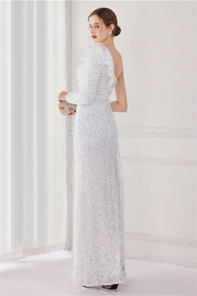Modern Long Sleeves Sequins Evening Dress One Shoulder Mermaid With Split-BallBride