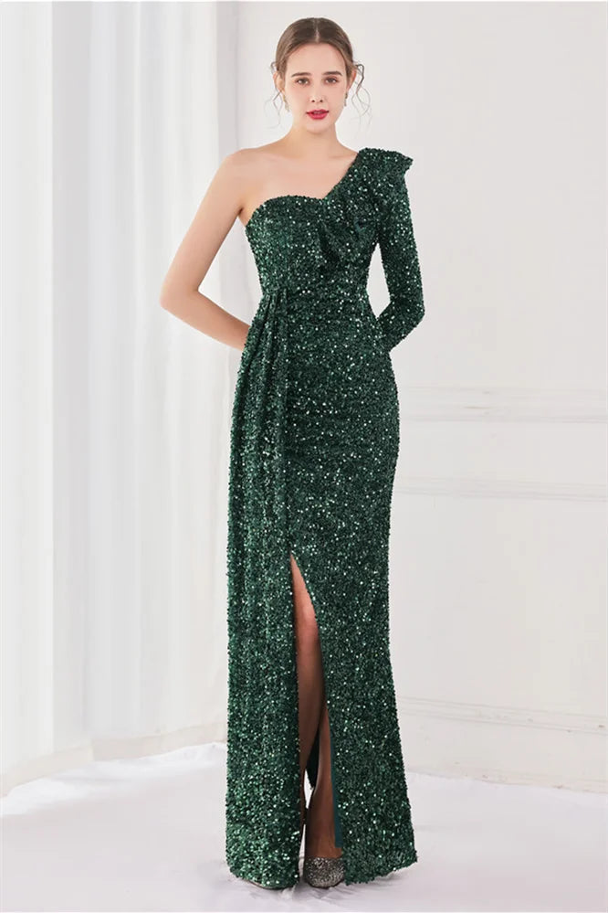 Modern Long Sleeves Sequins Evening Dress One Shoulder Mermaid With Split-BallBride